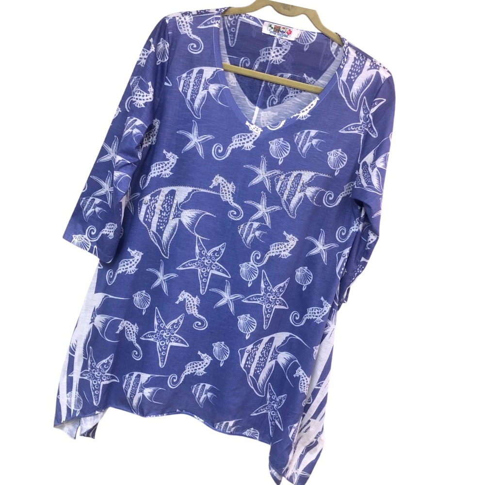 Purple Nautical Sea Life Tunic Beach‎ Coastal Boho Asymmetric Resort OS